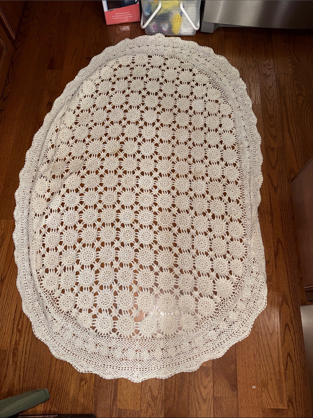 Vintage Hand-Crocheted Oval tablecloth  — Cream